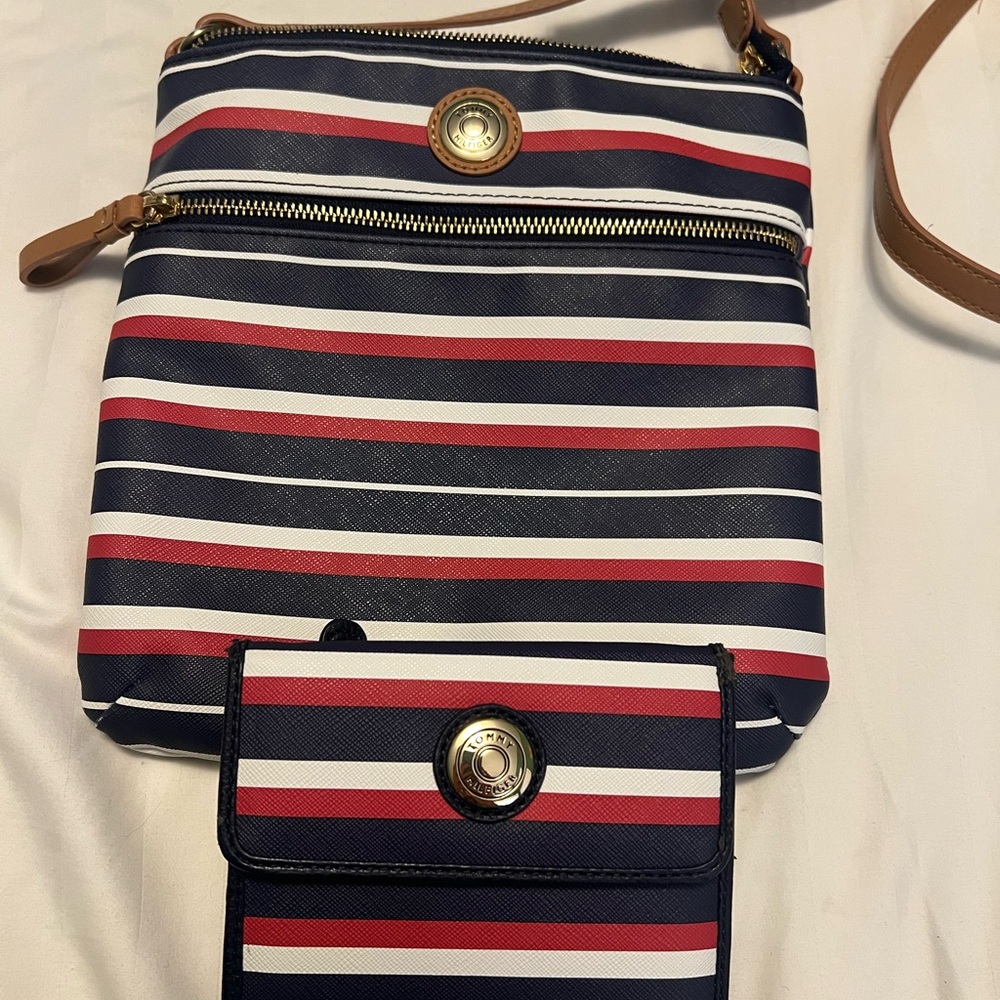 TOMMY HILFIGER Red, White & Blue Striped Crossbody Purse & wallet.
